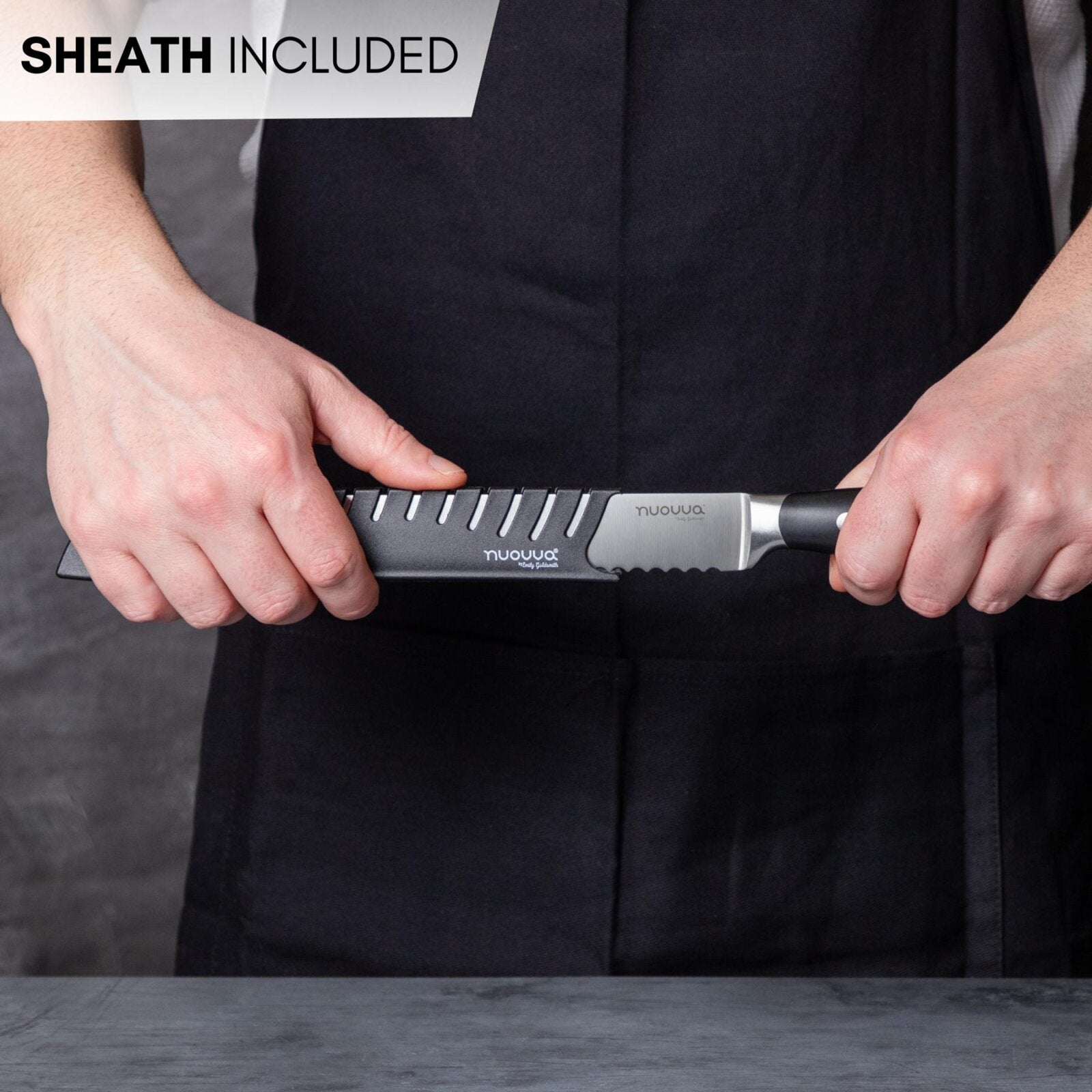 Nuovva stainless steel serrated bread knife with sheath included