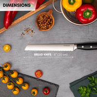 Nuovva bread knife with 8inch serrated blade and ergonomic handle. 