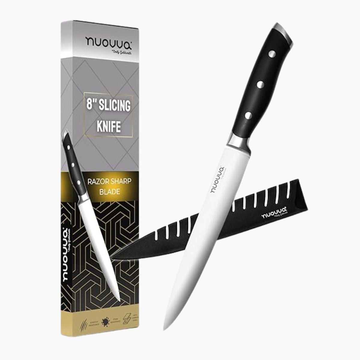 Nuovva 8inch slicing knife with stainless steel blade, protective sheath and ergonomic handle. 