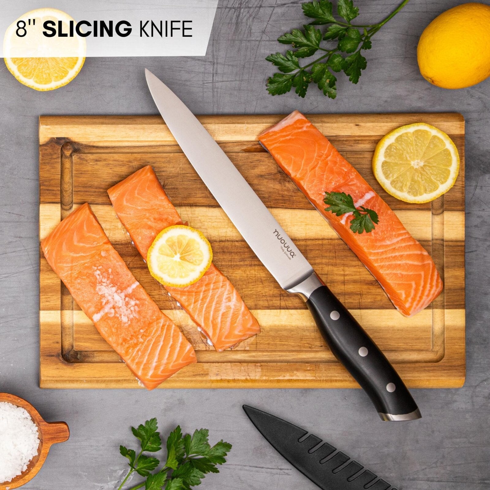 Nuovva 8inch slicing knife with protective sheath, stainless steel blade and ergonomic handle. 