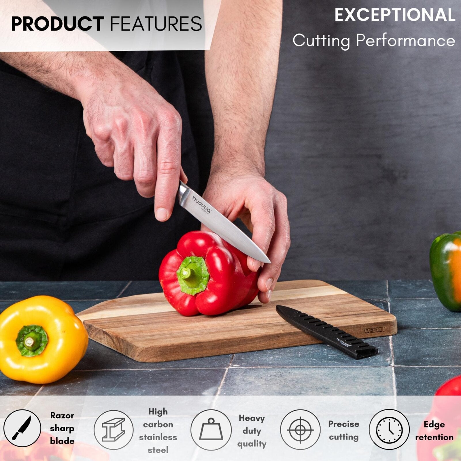 High carbon stainless steel kitchen knife with edge retention and exceptional cutting performance. 
