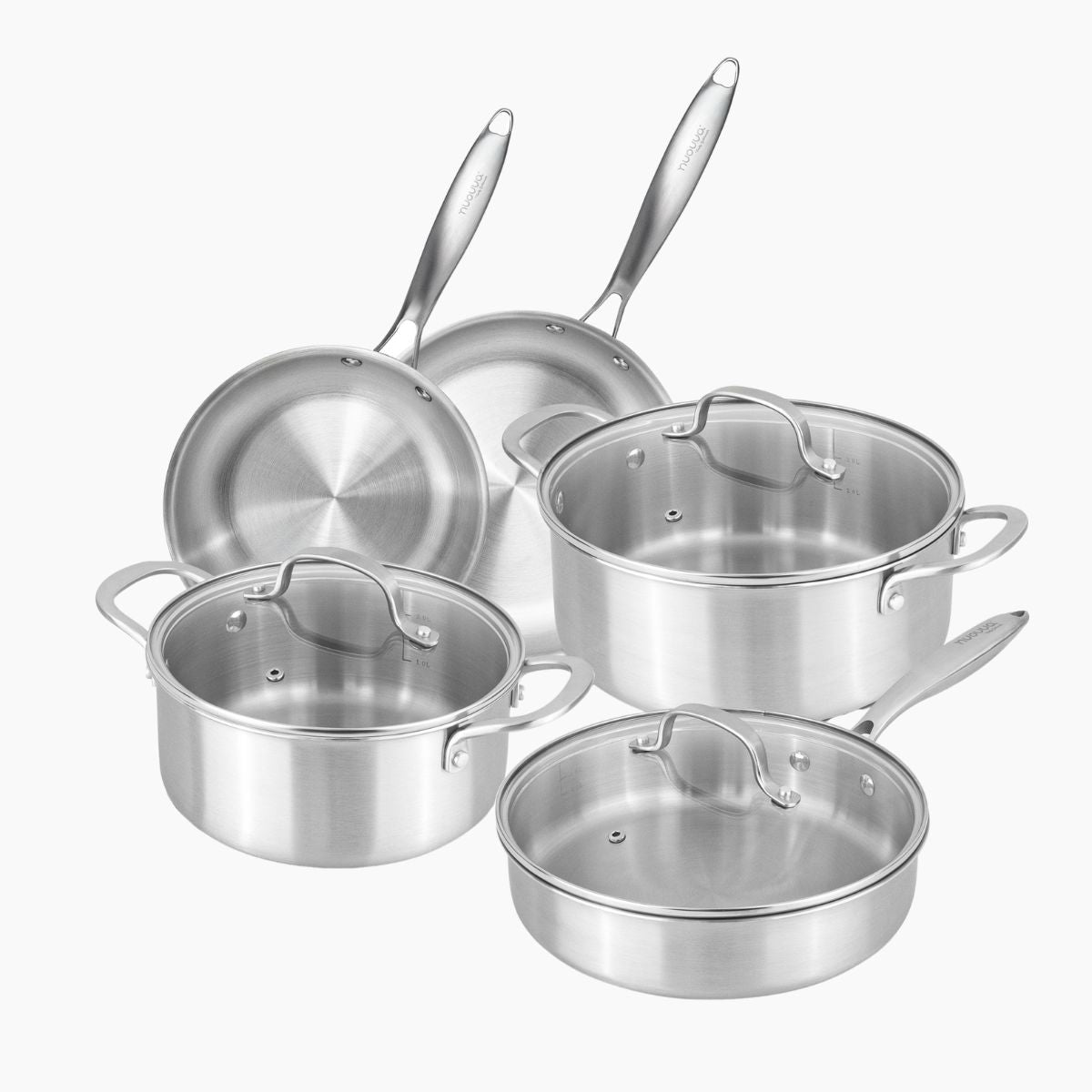 Stainless steel cookware set includes casserole pots with lids, frying pan with glass lid and frying pans