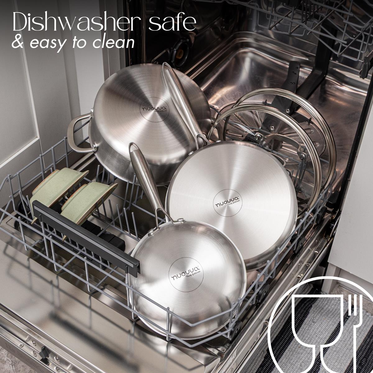 Nuovva stainless steel pans are dishwasher safe and easy to clean with glass lids 