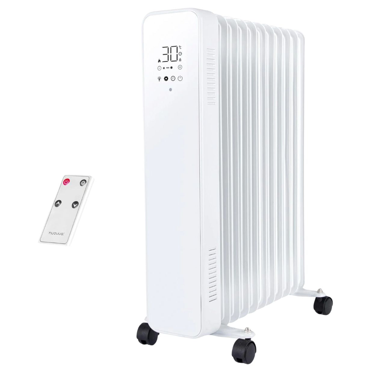 Oil-filled radiator heater with remote control, digital display's and wheels for portable heating. 