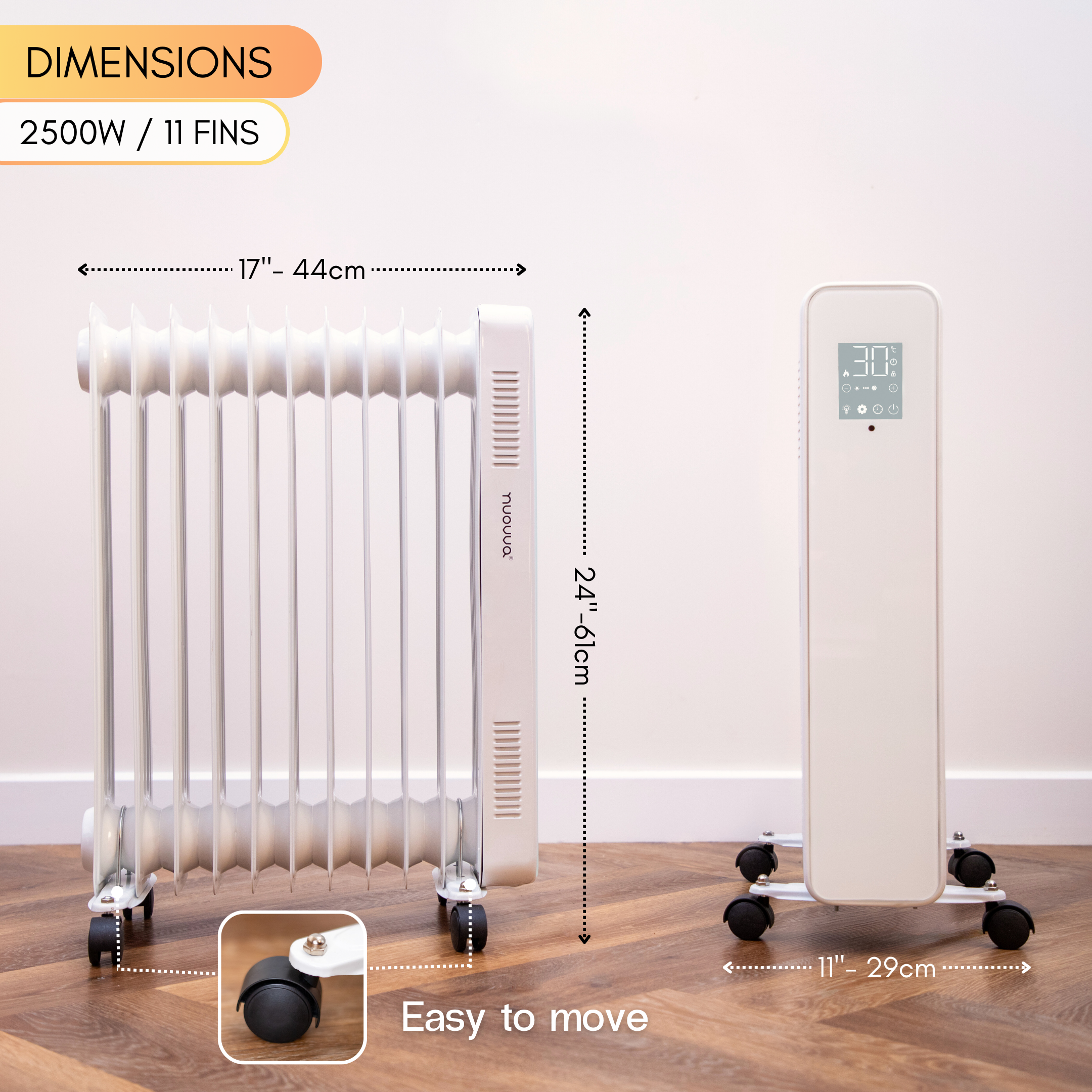 2500w Oil-filled radiator heater with wheels for portable heating with clear dimensions. 