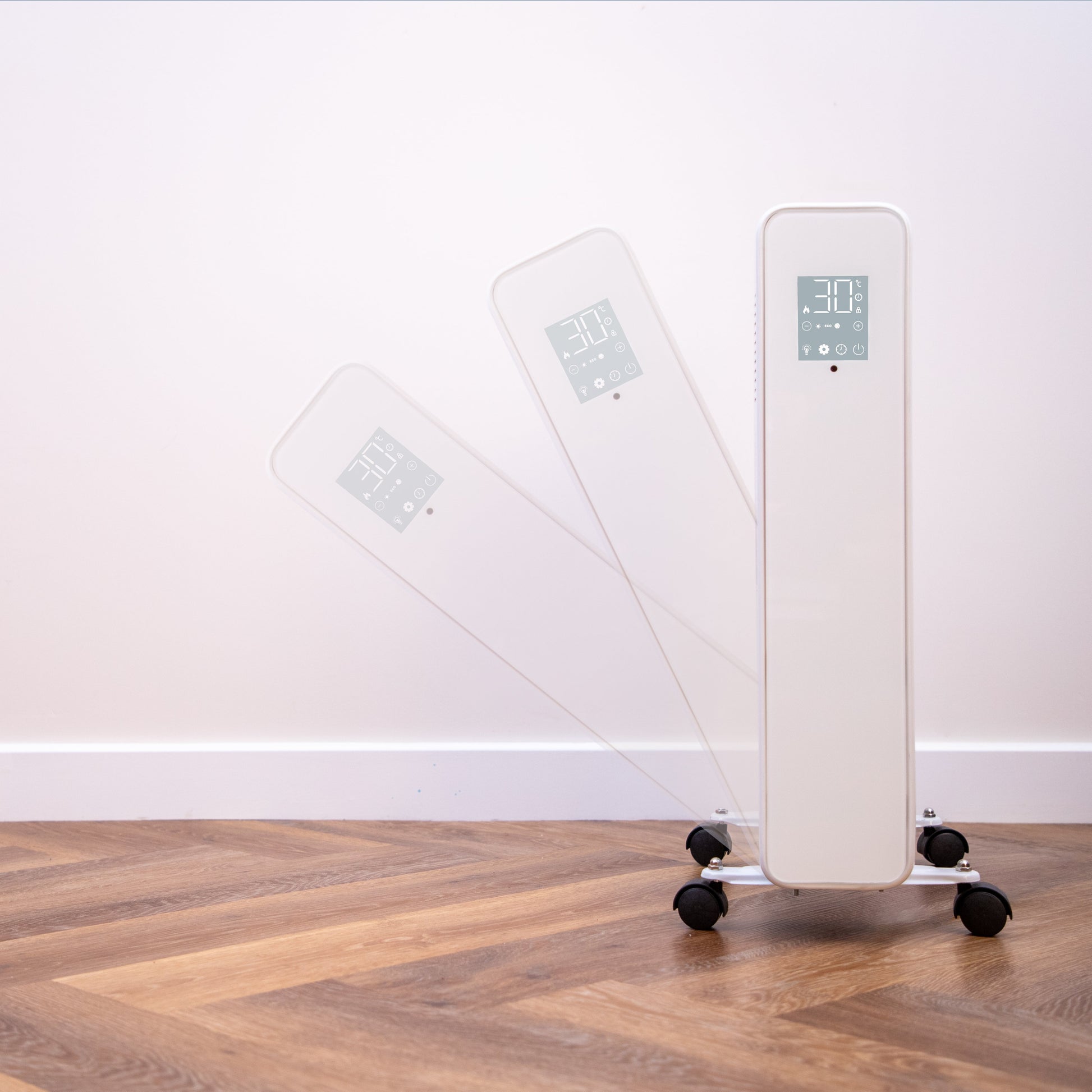 White touchscreen radiator heater with anti-tip feature and wheels for safe portable heating. 