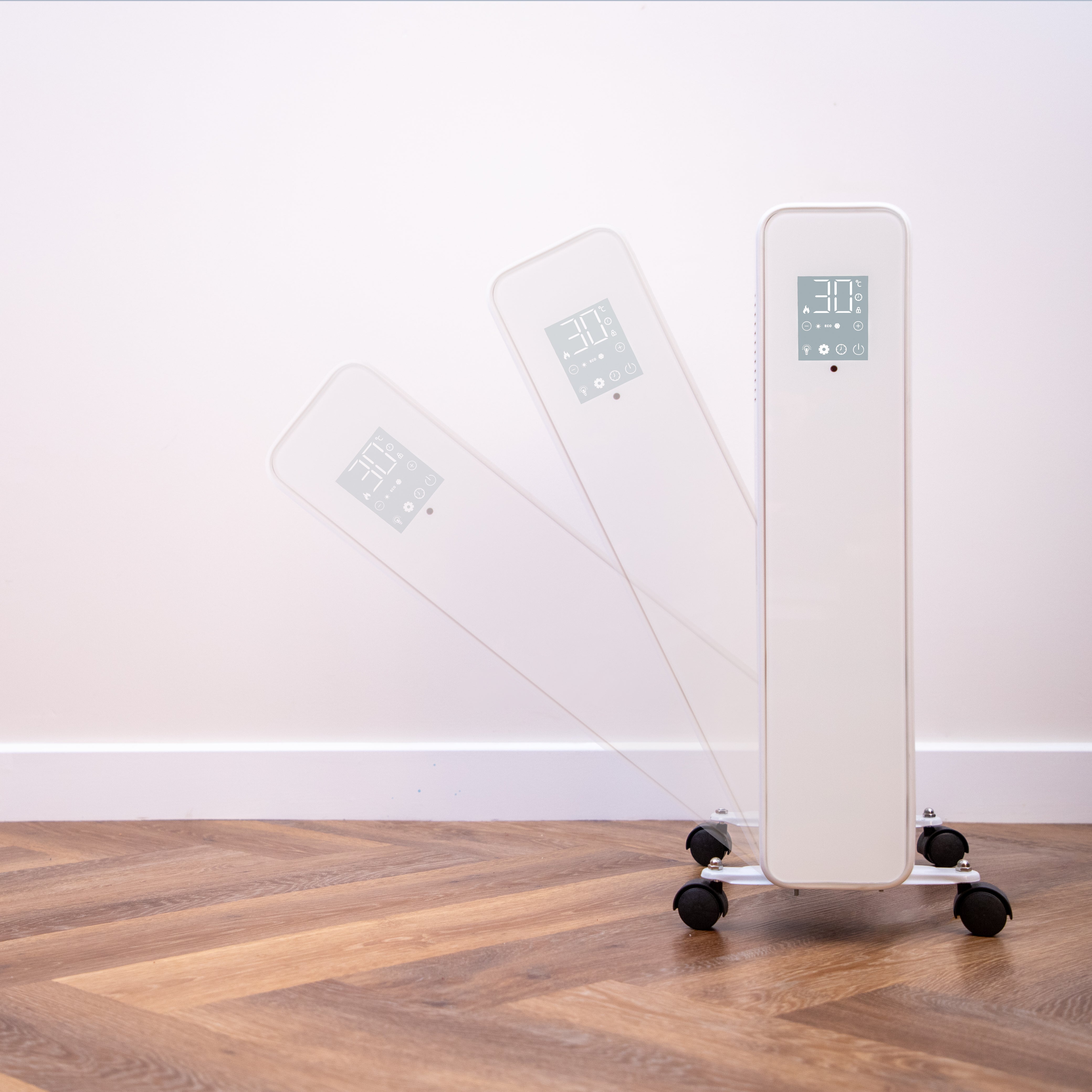 White touchscreen radiator heater with anti-tip feature and wheels for safe portable heating. 