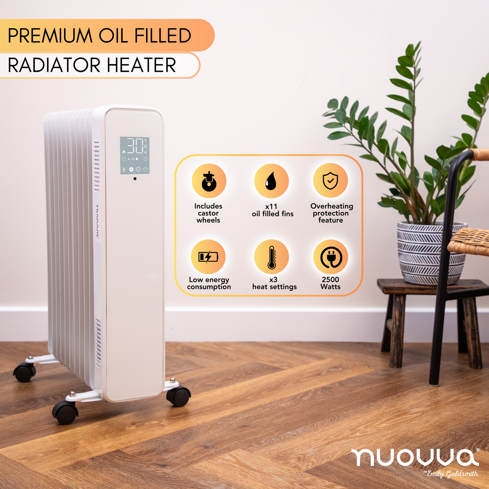 Premium oil-filled radiator heater with castor wheels or portable heating with 3 heat settings, 11 oil filled fins and 2500w