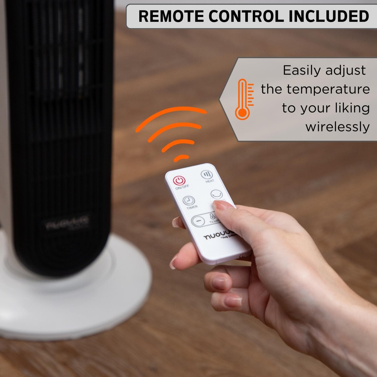 Nuovva portable tower heater with remote control to easily adjust temperature. 