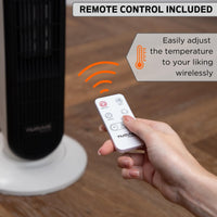 Nuovva portable tower heater with remote control to easily adjust temperature. 