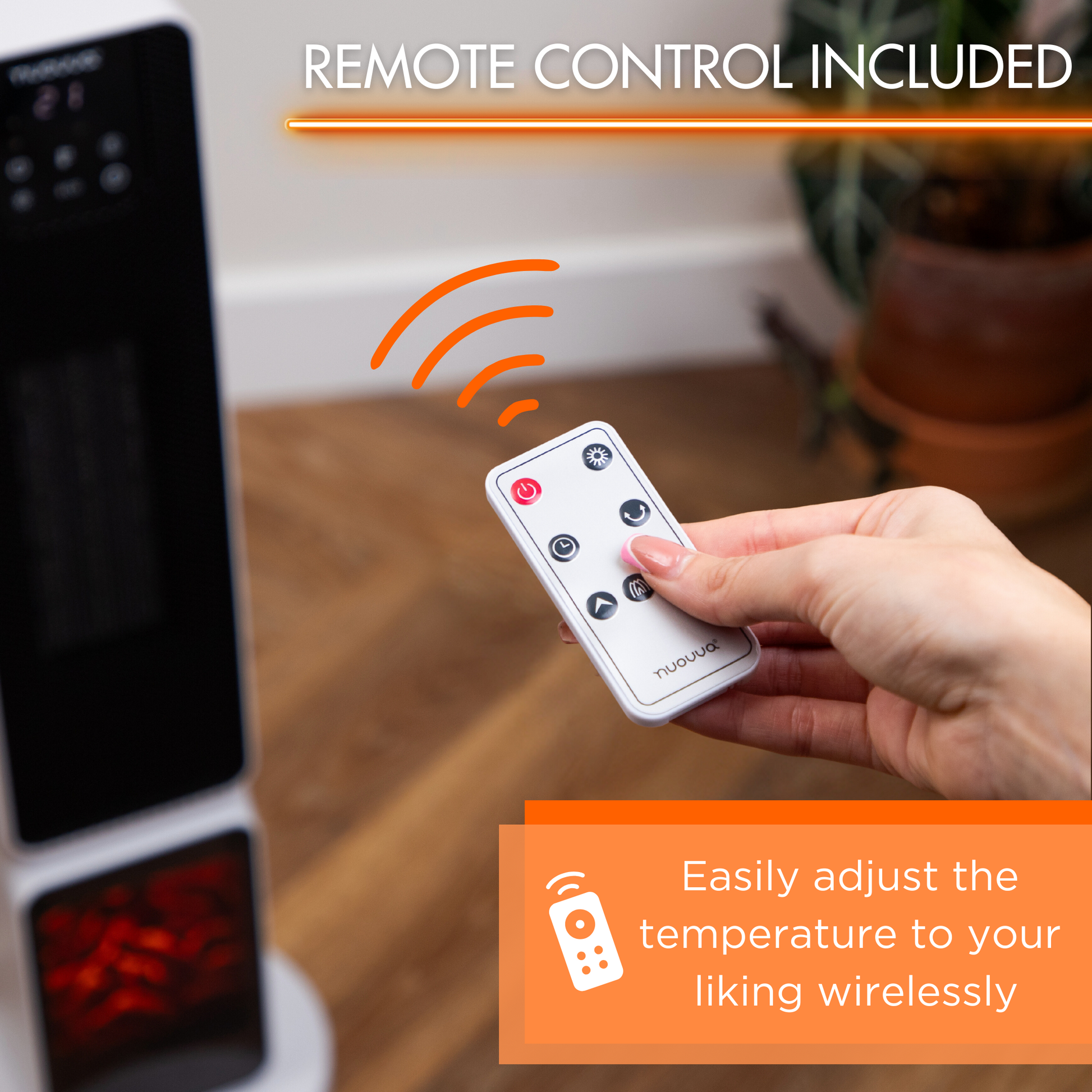 White tower heater with remote control to easily adjust temperature wirelessly/ 
