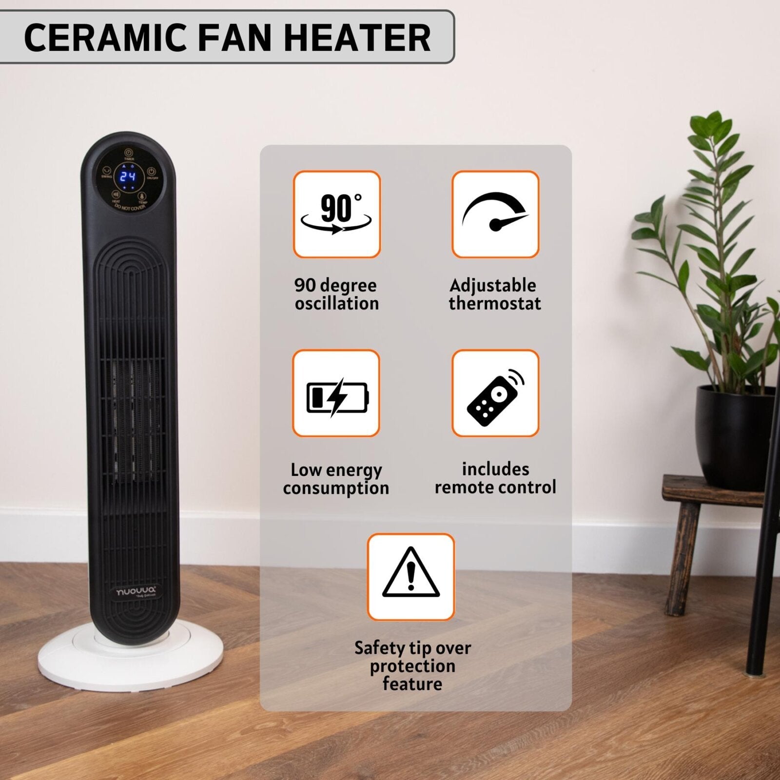 Nuovva ceramic tower fan heater with 90 degree oscillation, adjustable thermostat and low energy heating. 