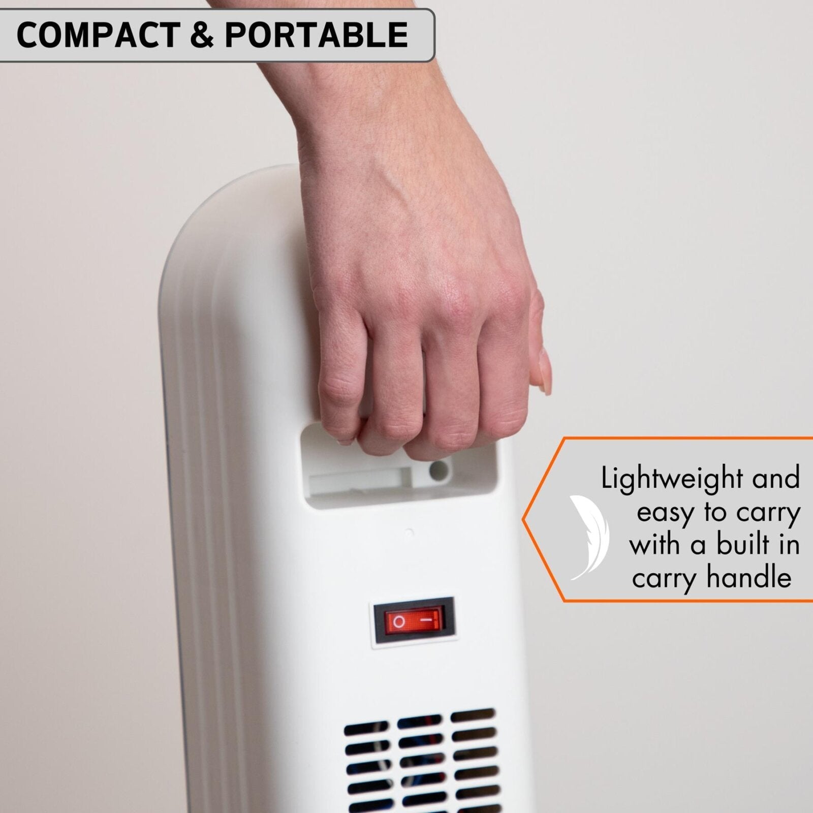 Ceramic compact & portable heater with easy to carry handle.