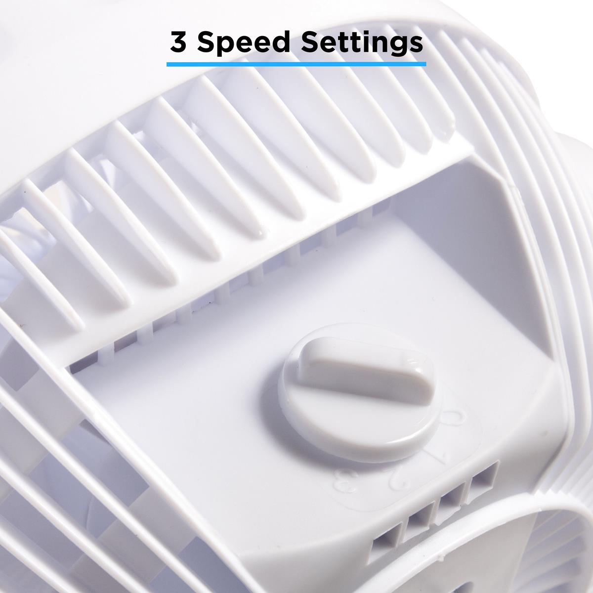 White portable electric desk fan with 3 speed settings and turn dial. 