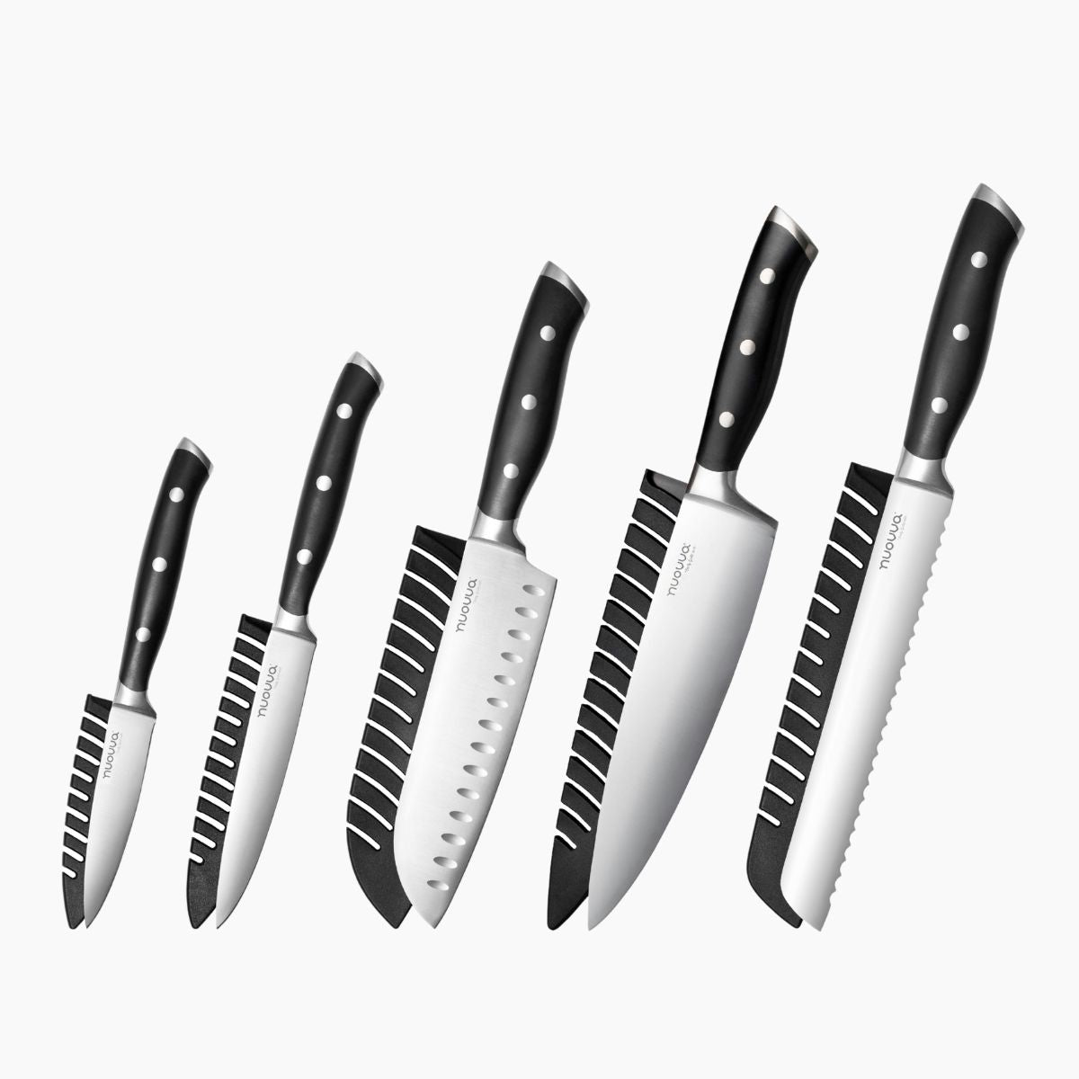 Nuovva set of 5 kitchen knives with protective sheath and stainless steel blades. 