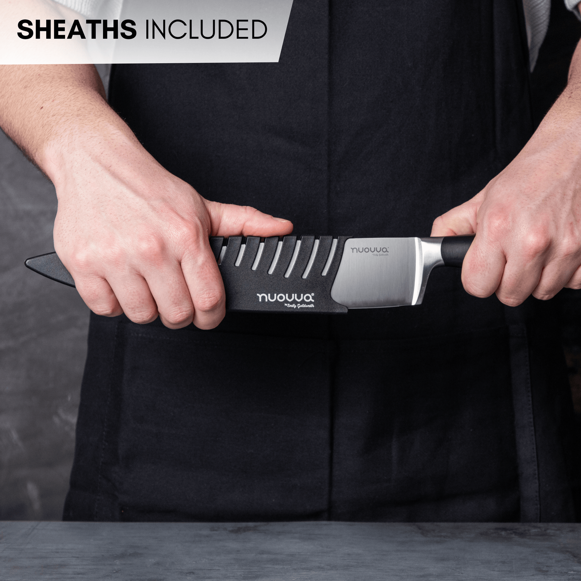 Nuovva kitchen knife with razor sharp blade and protective sheath