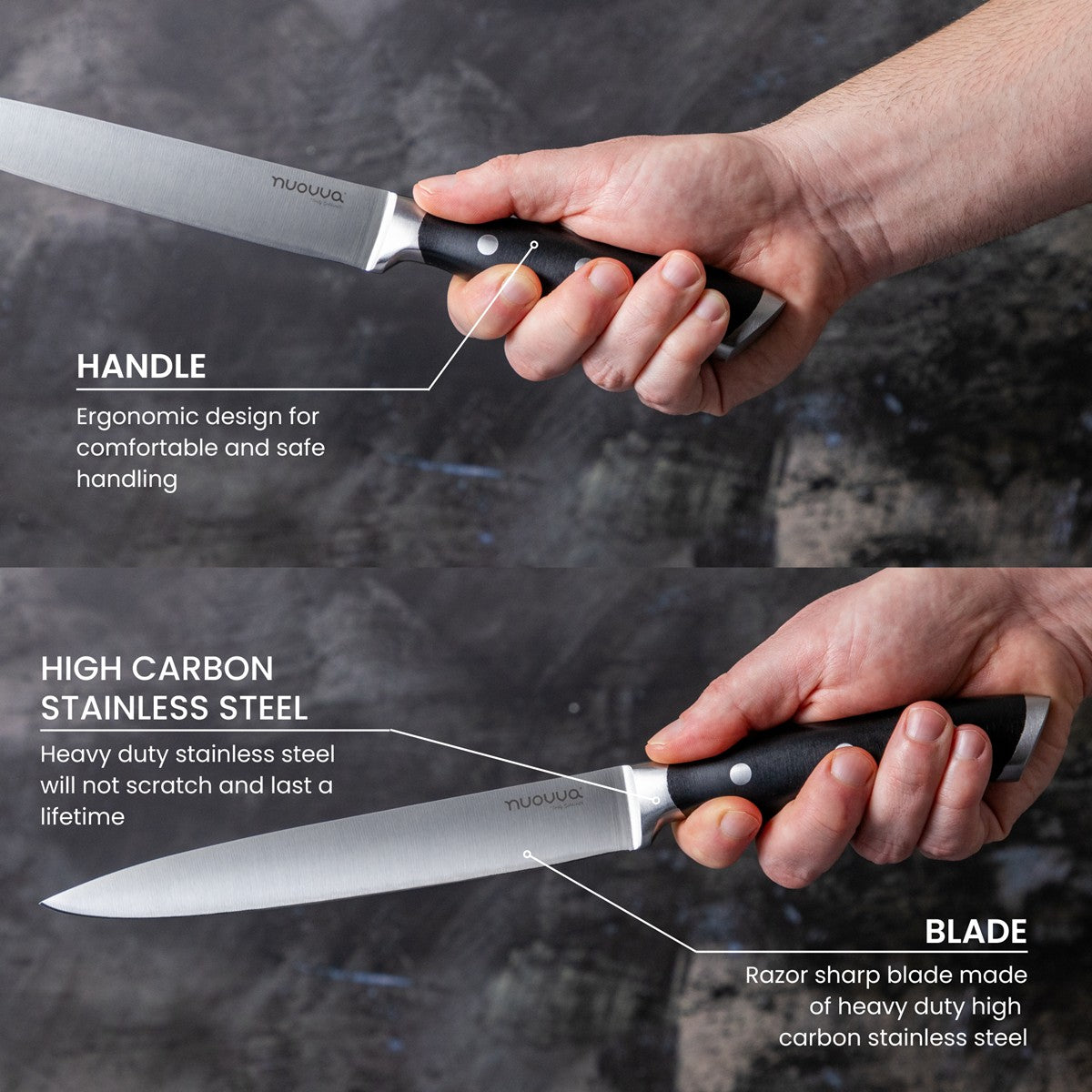 Nuovva kitchen knife with high carbon stainless steel blade, razor sharp with ergonomic handle. 