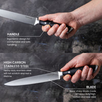Nuovva kitchen knife with high carbon stainless steel blade, razor sharp with ergonomic handle. 