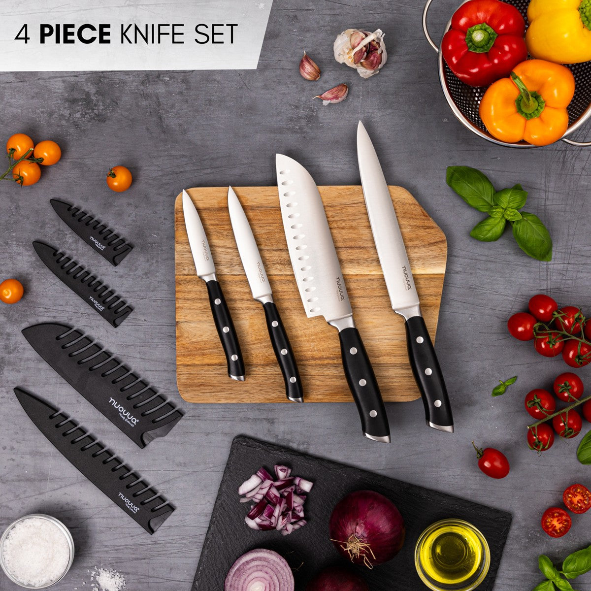 4 piece kitchen knife set with stainless steel blade, ergonomic handle and protective sheath for safe home cooking. 