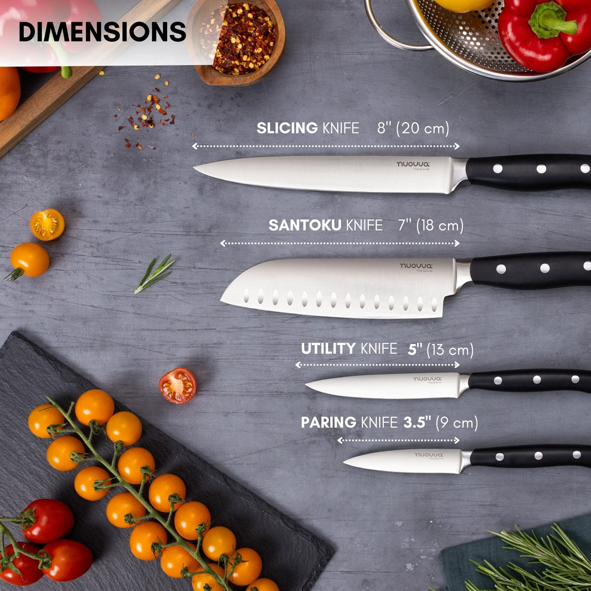 Nuovva set of 4 stainless steel kitchen knives includes a slicing knife, santoku knife, utility knife and paring knife. 