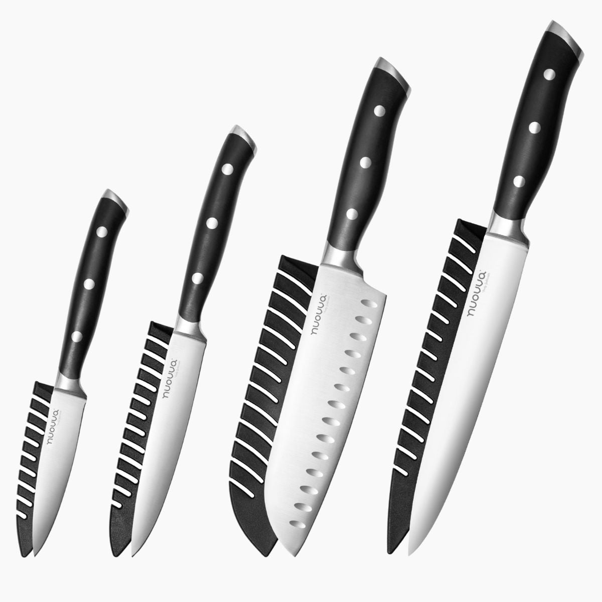 Set of four stainless steel kitchen knives with black handles and protective knife sheaths. 