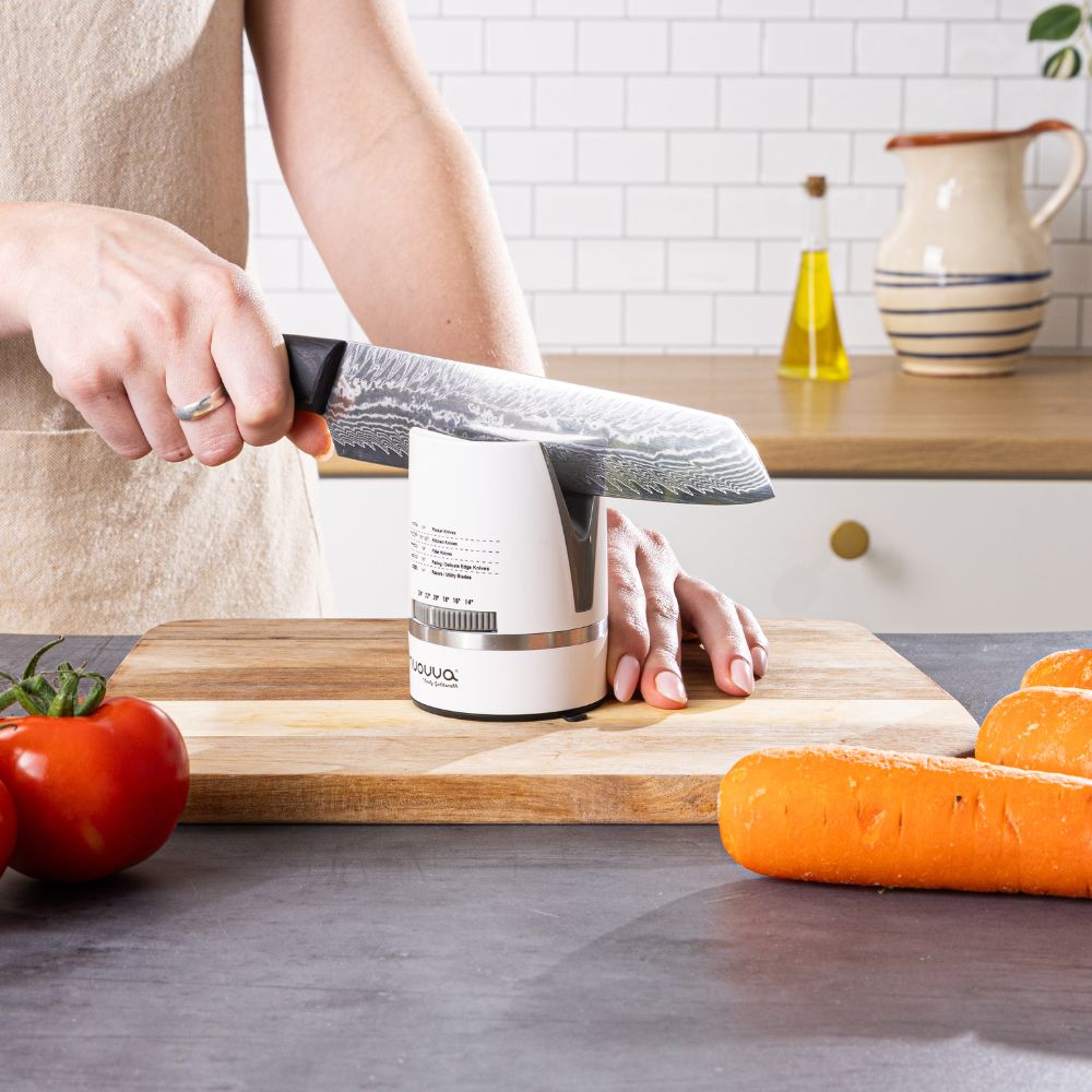 Kitchen Knife Sharpener with Suction Base, Hands-Free, Adjustable Angle, Sharpens Knives - White
