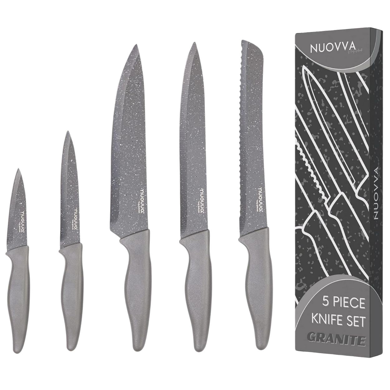 5-Piece Kitchen Knife Set – Chef, Filleting, Bread, Paring, Utility - Non-Stick - Grey Granite