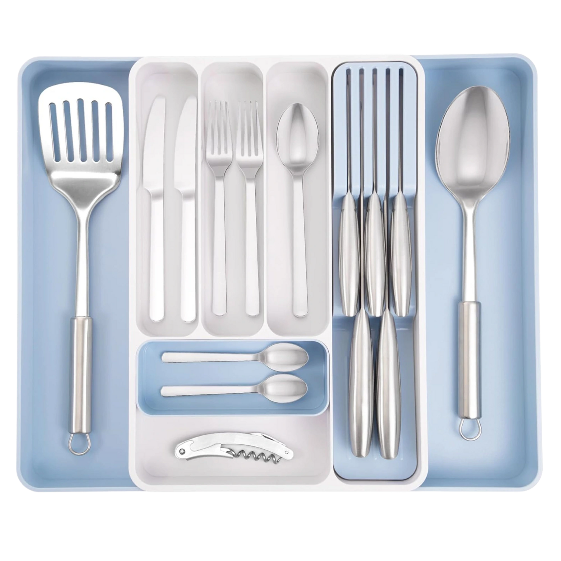 Adjustable Cutlery Drawer Organizer – Expandable Utensil Tray - White &amp; Sky Blue