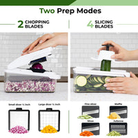 Vegetable chopper wuth two prep modes and multiple blades including dicers and slicers 