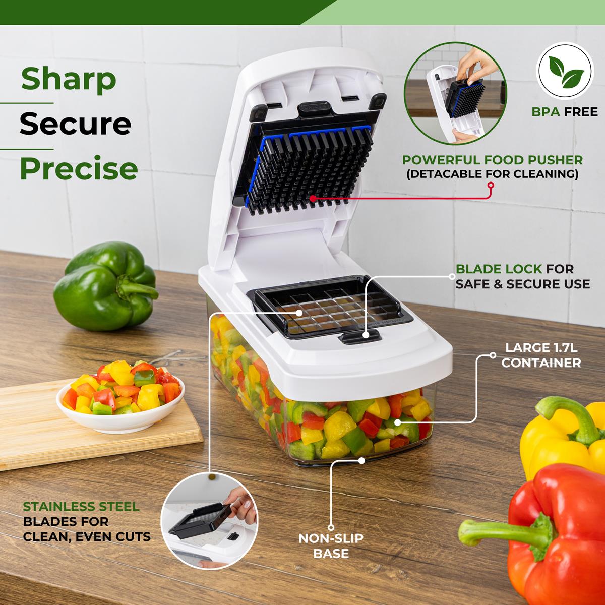 white food chopper & slicer shown on a kitchen countertop with features such as sharp blades, secure locking, large 1.7L container and BPA free design.