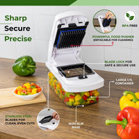 white food chopper & slicer shown on a kitchen countertop with features such as sharp blades, secure locking, large 1.7L container and BPA free design.