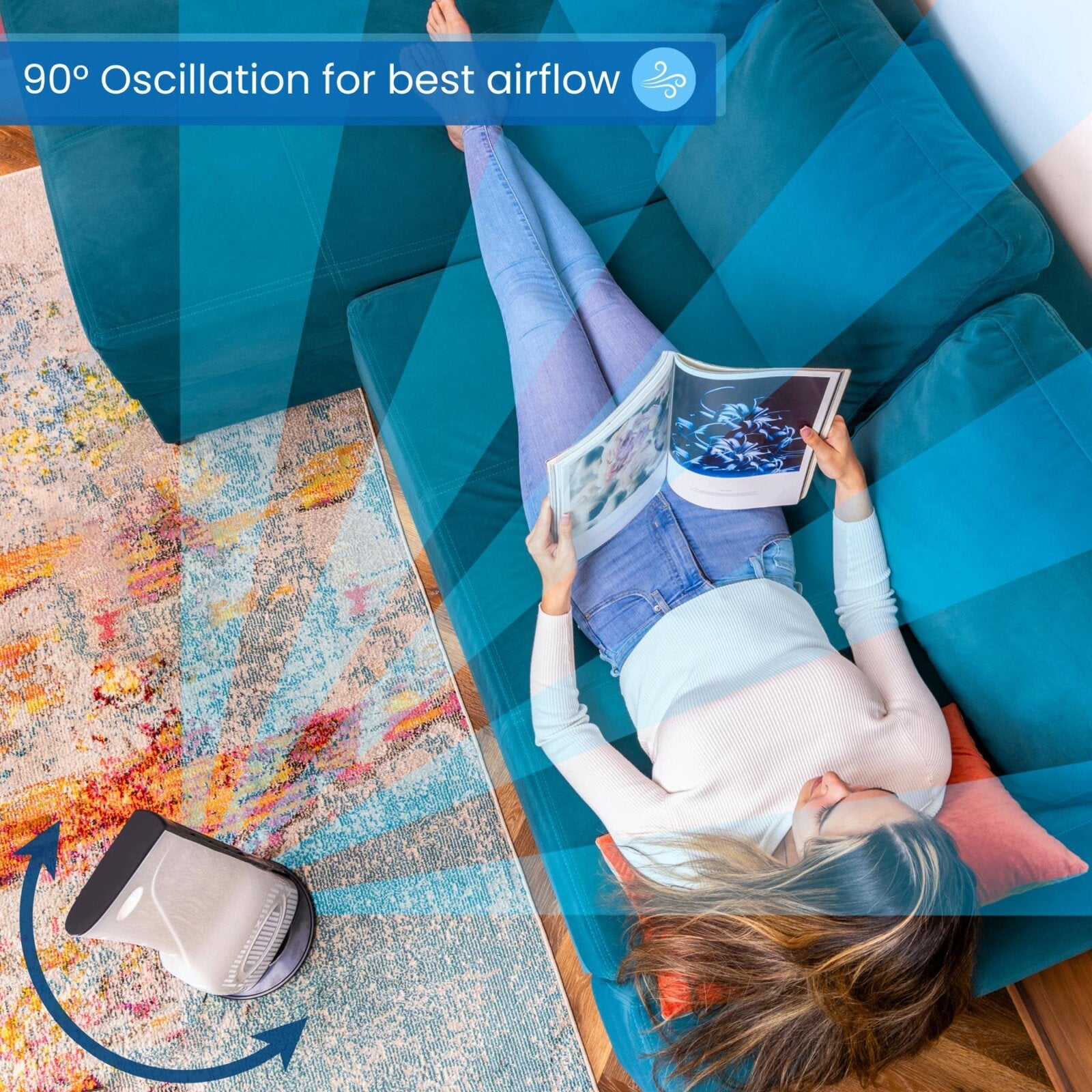 Bladeless tower fan with 90degree oscillation for best airflow.