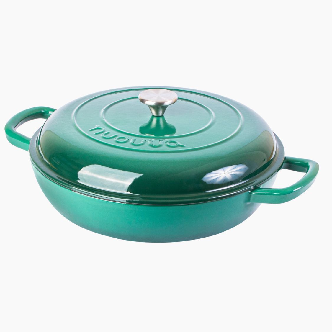 Nuovva dark green cast iron casserole dish with lid. 
