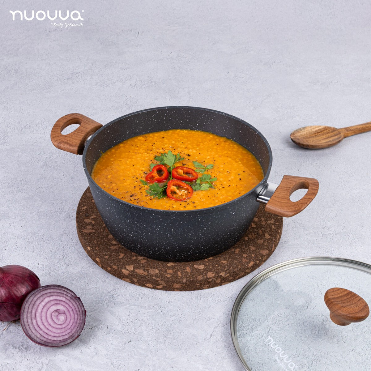 Non Stick Stock Pot with Glass Lid – Induction Casserole, 24cm, Marble