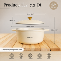 Measurements for nuovva cream cast iron casserole pot with 6.9L capacity - universally compatible with all stove types