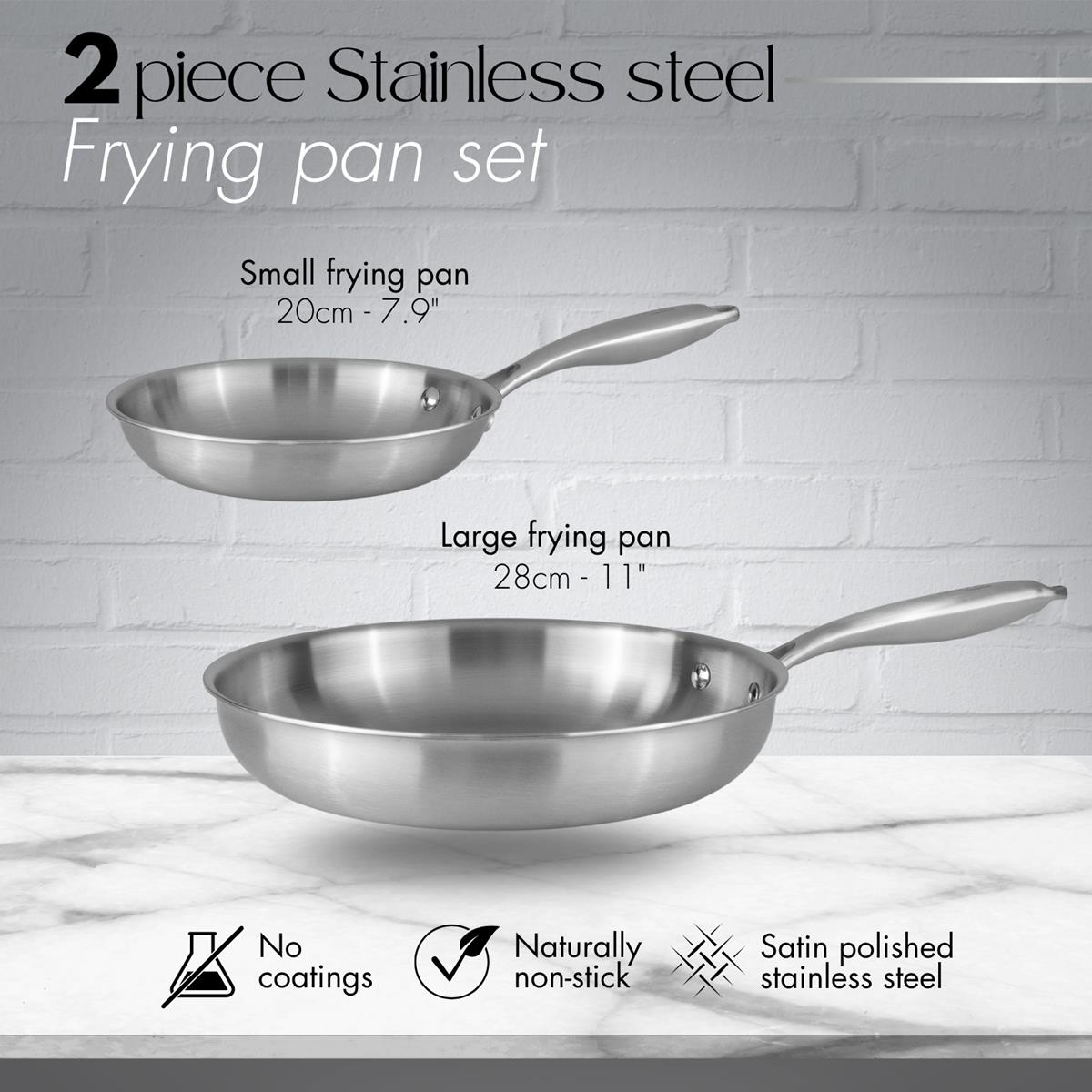 2piece stainless steel frying pan set with small and large frying pan with no coating and naturally non-stick