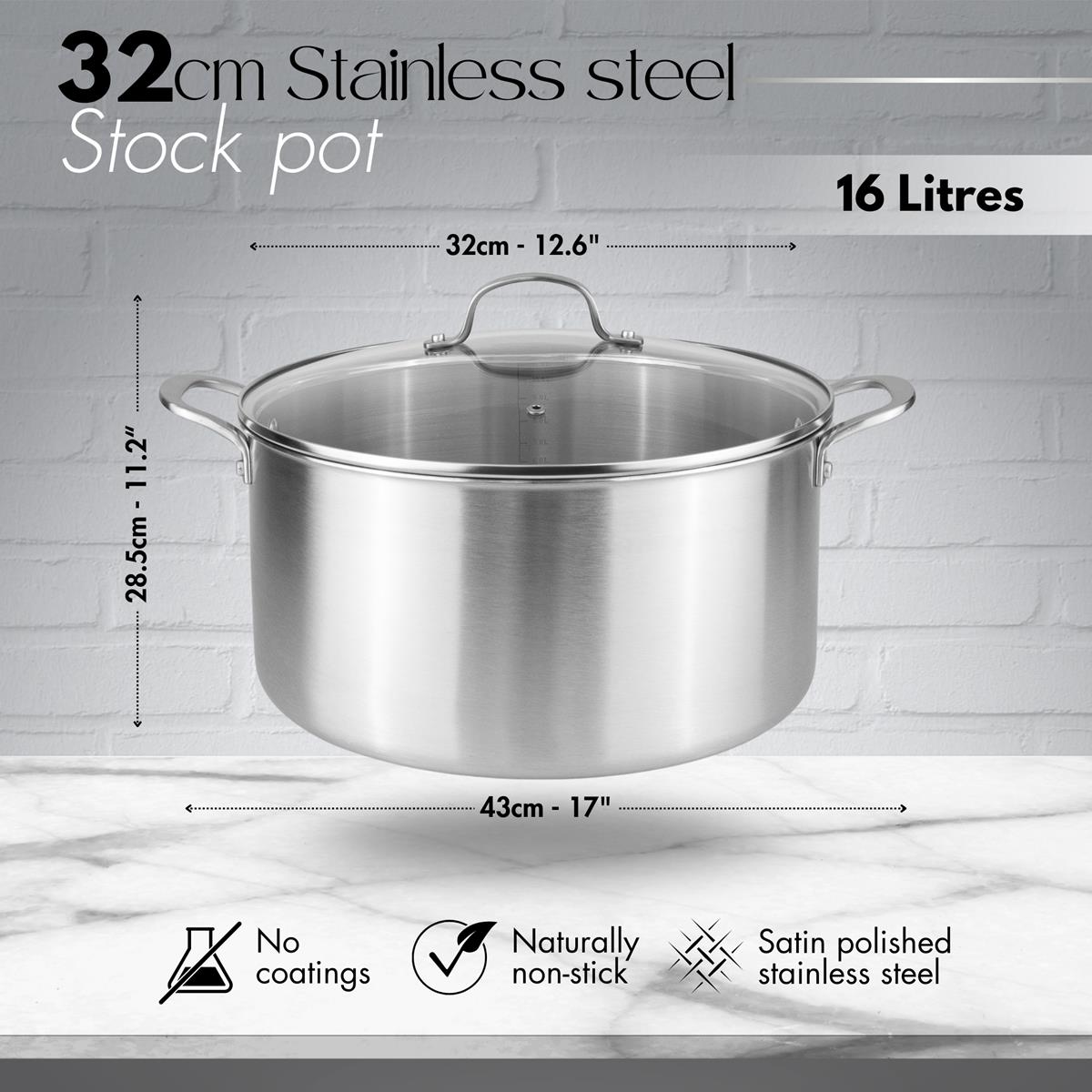 16L Stainless Steel Cooking Pot – 32 cm, Tri-Ply, Induction Compatible with Glass Lid