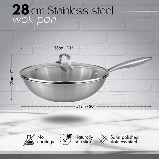 28cm Stainless Steel Wok with Glass Lid – Non-Stick Stir Fry Pan – Ind