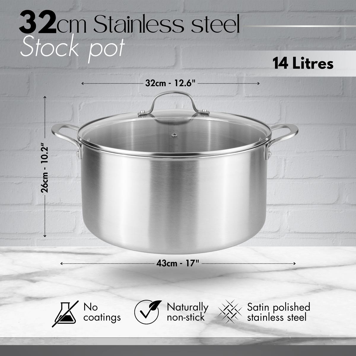 14L Stainless Steel Cooking Pot – 32 cm, Tri-Ply Construction, Induction Compatible with Glass Lid