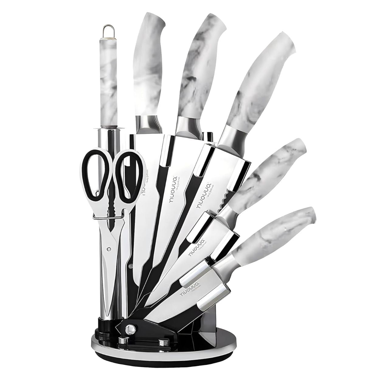 Stainless Steel Kitchen Knife Set with 360° Rotating Block - 7Pcs - Marble