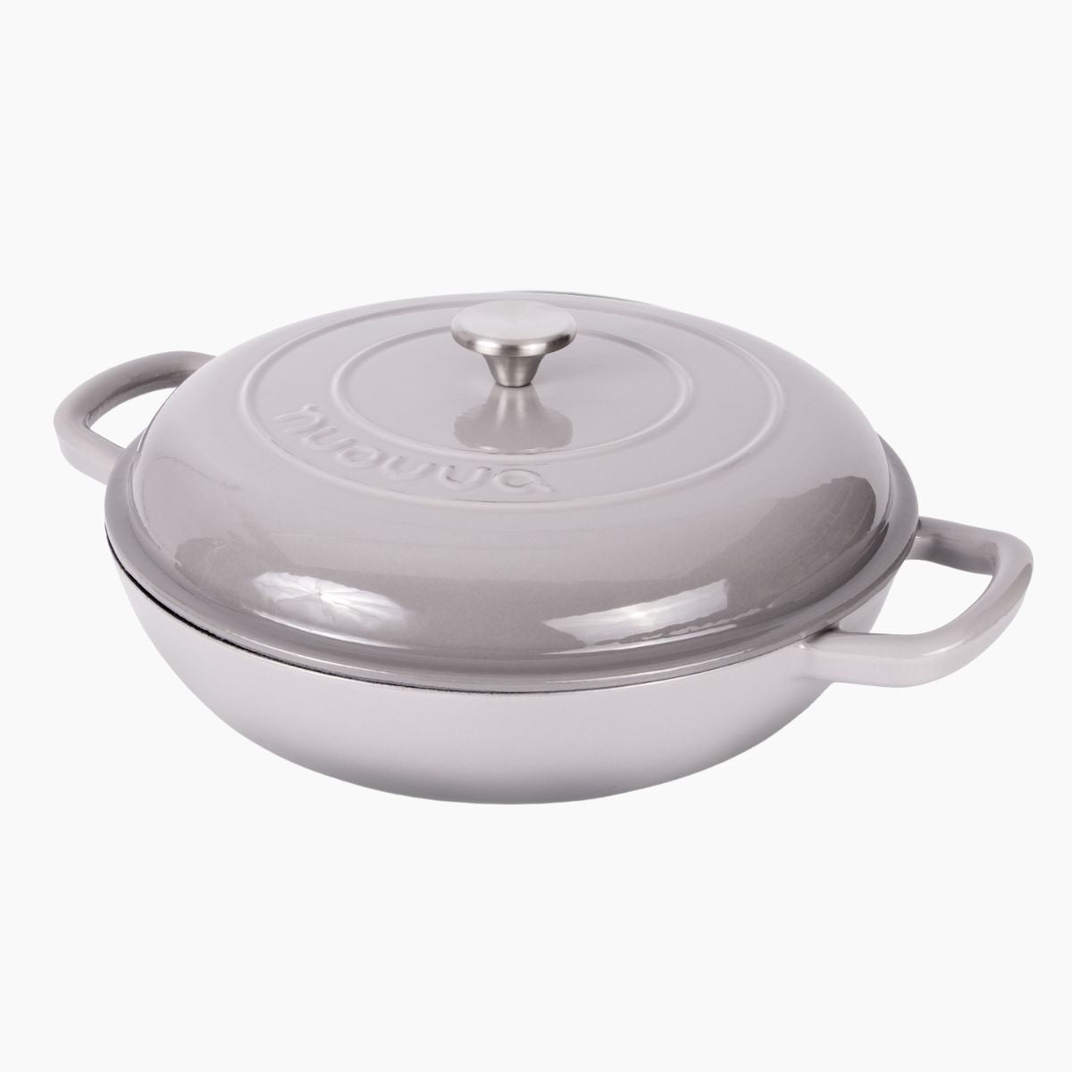 Nuovva shallow grey cast iron casserole pot with lid