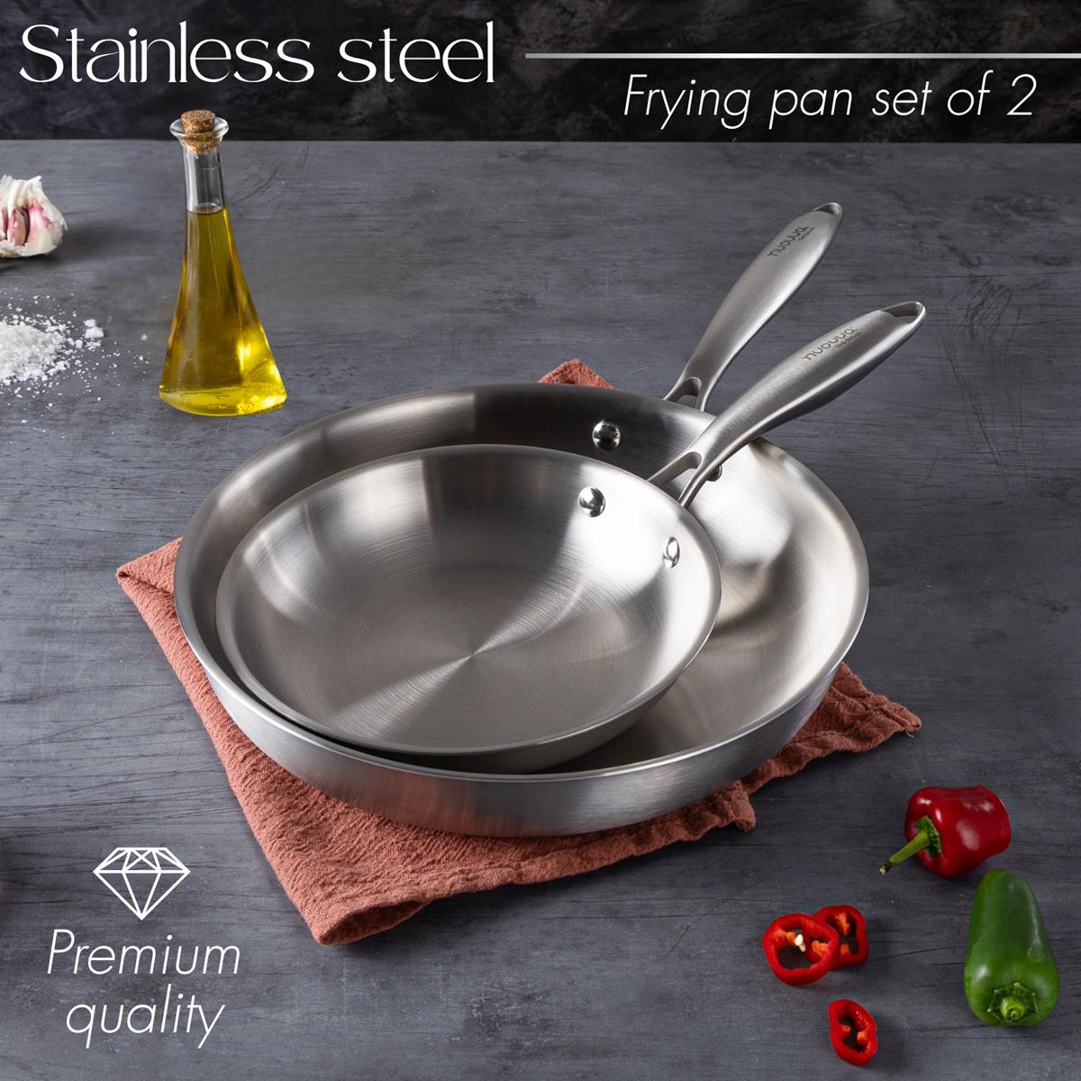 Premium quality set of 2 stainless steel frying pans