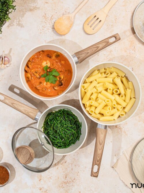 Nuovva non-stick saucepan sets. Saucepan set with lid. Gift for students. Gift for new home. Gift for cook. Set of granite saucepans.